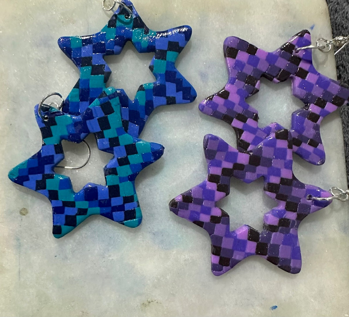 Checkerboard Star of David Earrings