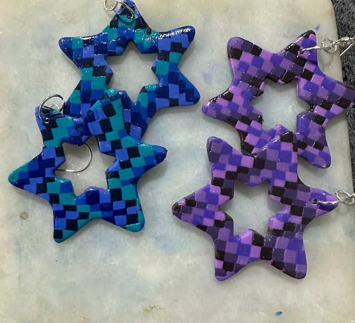 Checkerboard Star of David Earrings