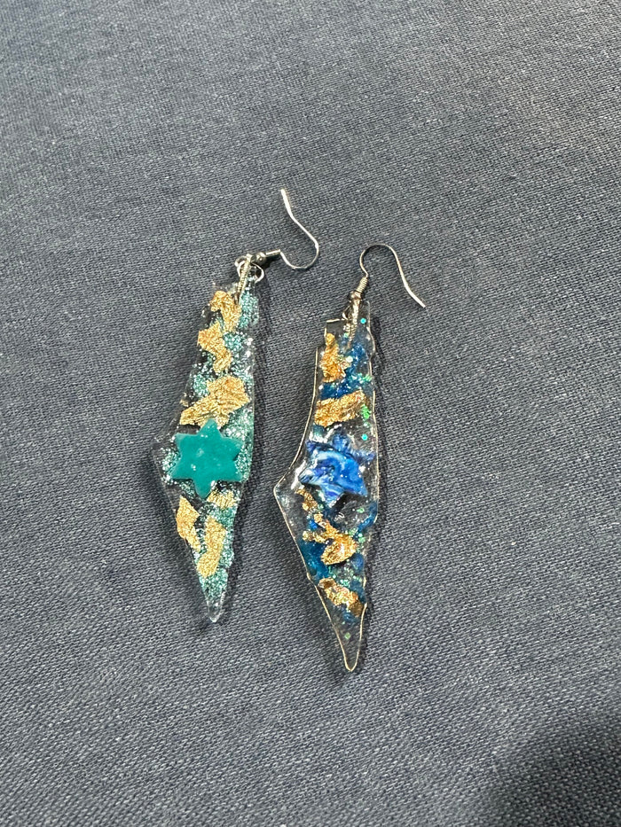 Israel Map Resin Earrings with Star of David, Blue Glitter & Gold Foil