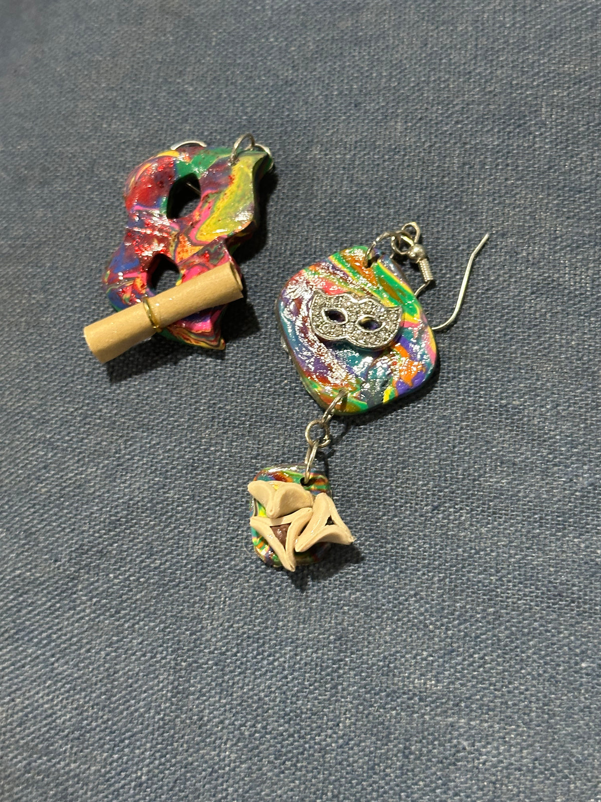 Handmade Purim Mask, Megillah & Hamantaschen Earrings