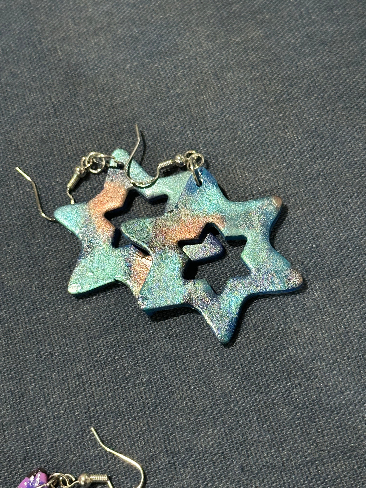 Handmade Iridescent Blue Star of David Earrings