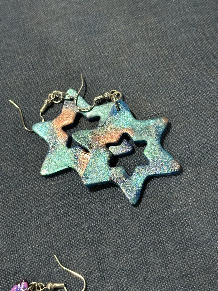 Handmade Iridescent Blue Star of David Earrings