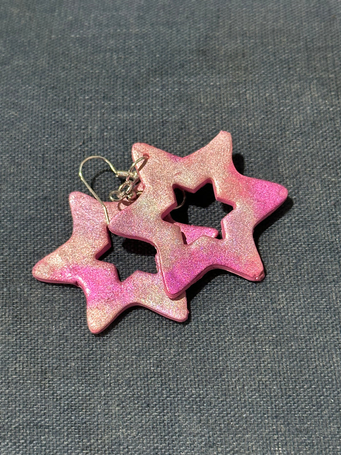 Handmade Pink Glitter Star of David Earrings