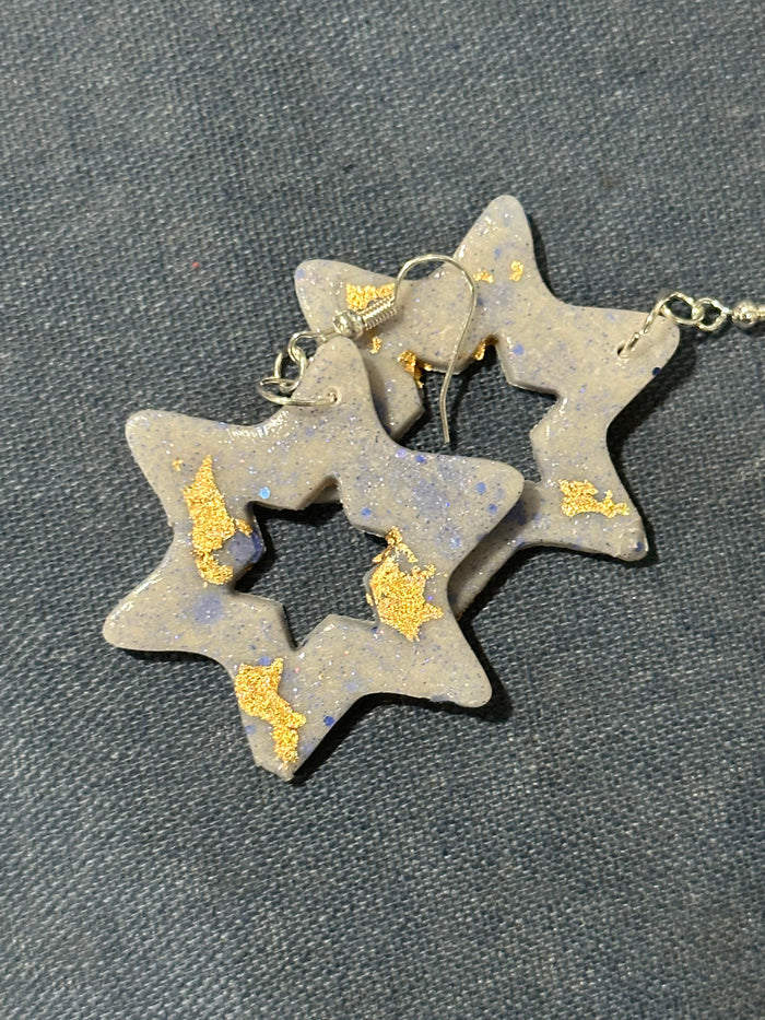 Handmade Gray and Gold Star of David Earrings