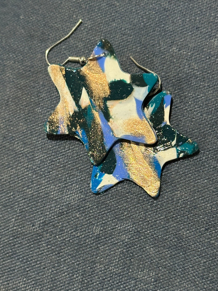 Handmade Blue, Teal, and Gold Star of David Earrings