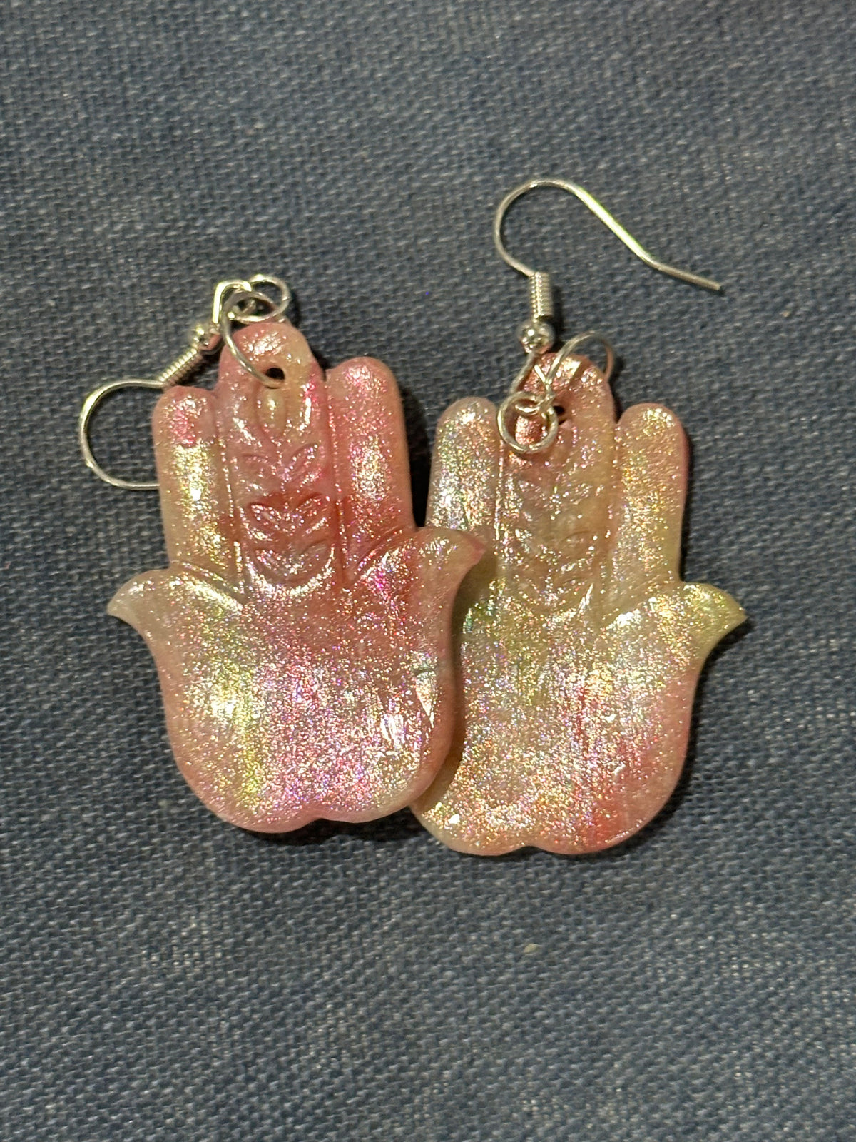 Handmade Iridescent Pink Hamsa Earrings