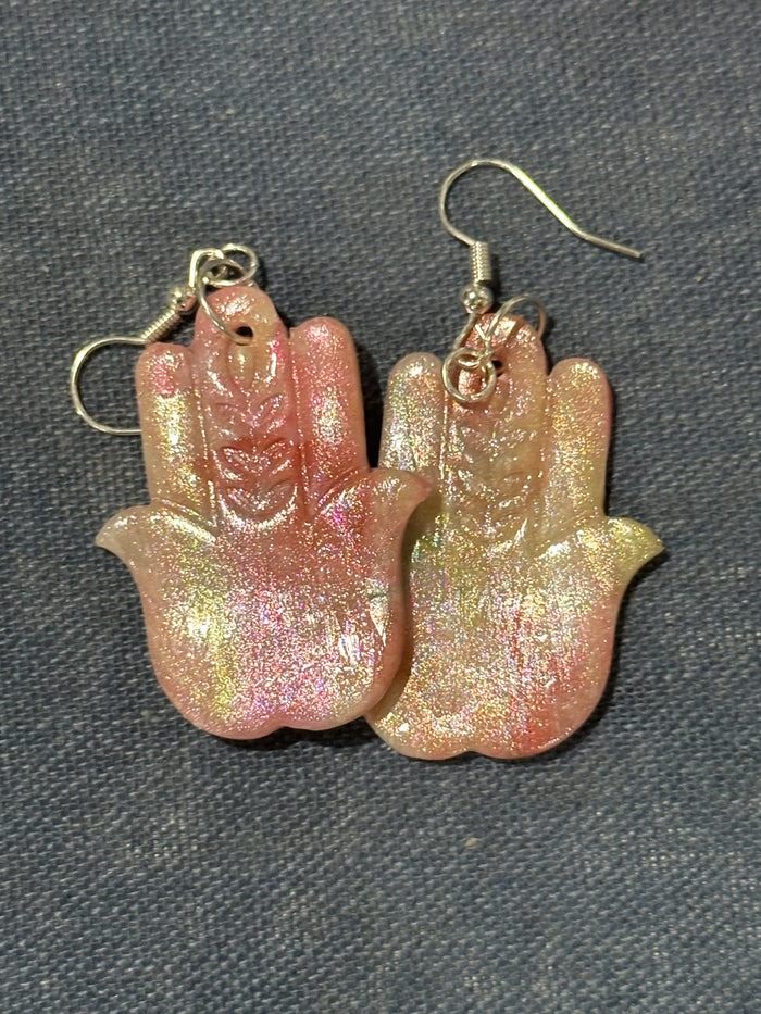 Handmade Iridescent Pink Hamsa Earrings