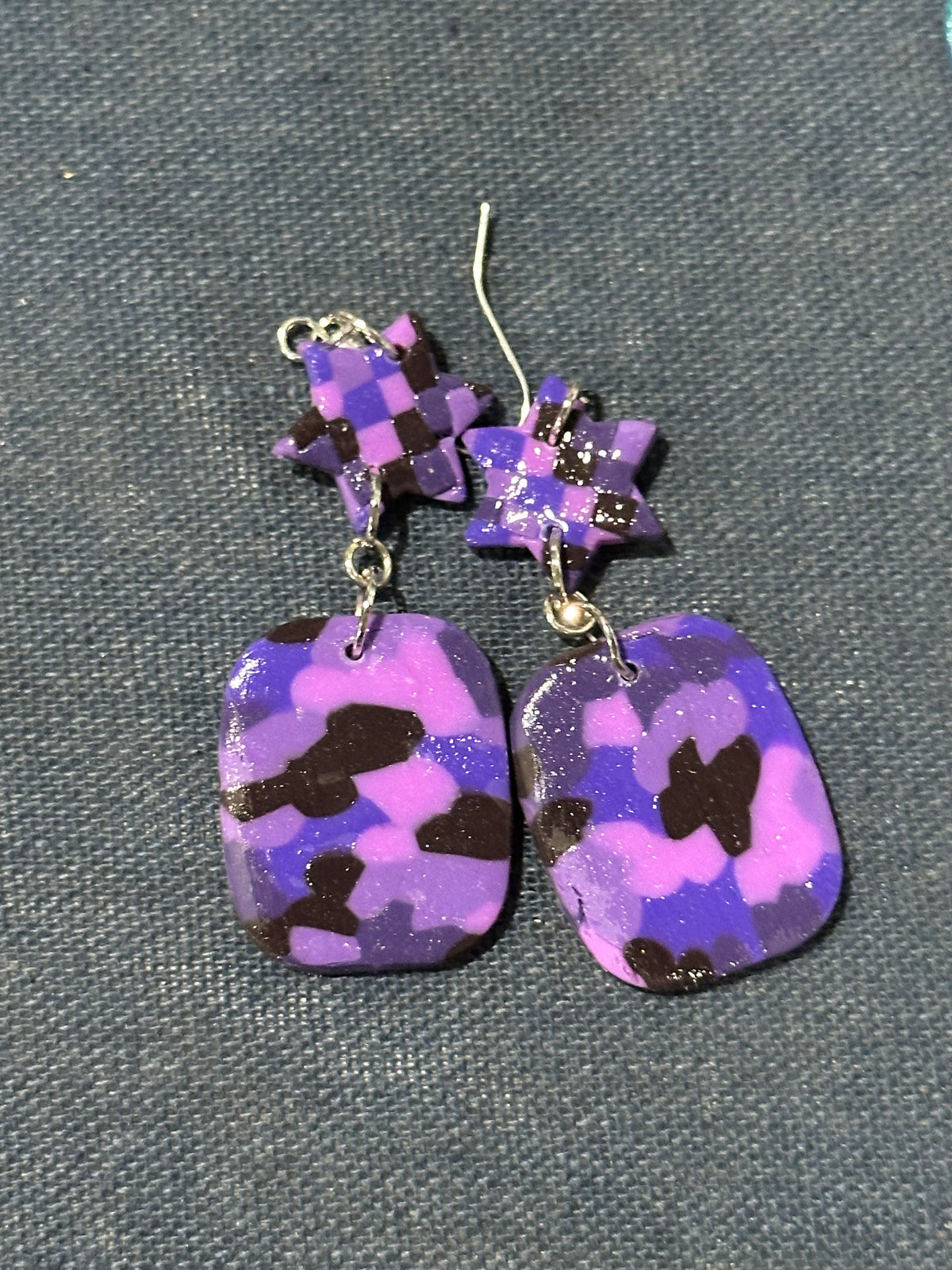 Handmade Purple Checker Star Dangle Earrings