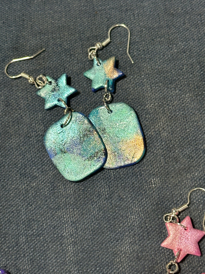 Handmade Aqua and Gold Star Dangle Earrings