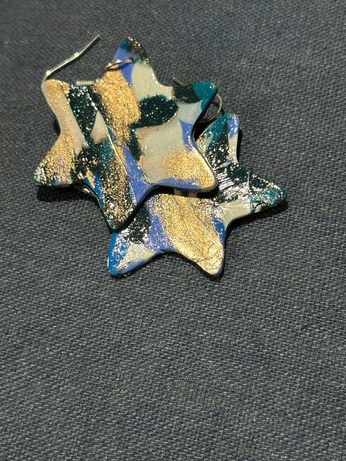 Handmade Abstract Blue and Gold Star of David Earrings