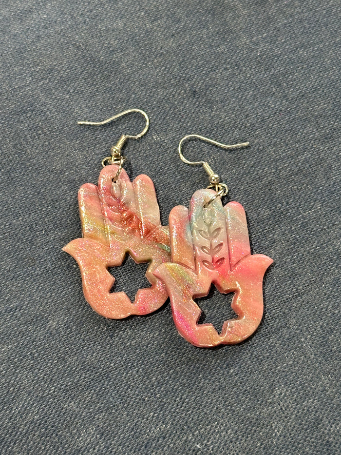 Handmade Peach Hamsa Star of David Earrings