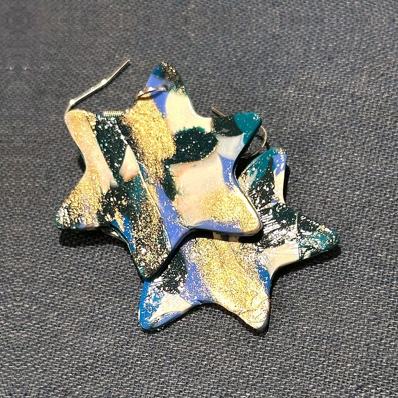 Handmade Abstract Blue and Gold Star of David Earrings
