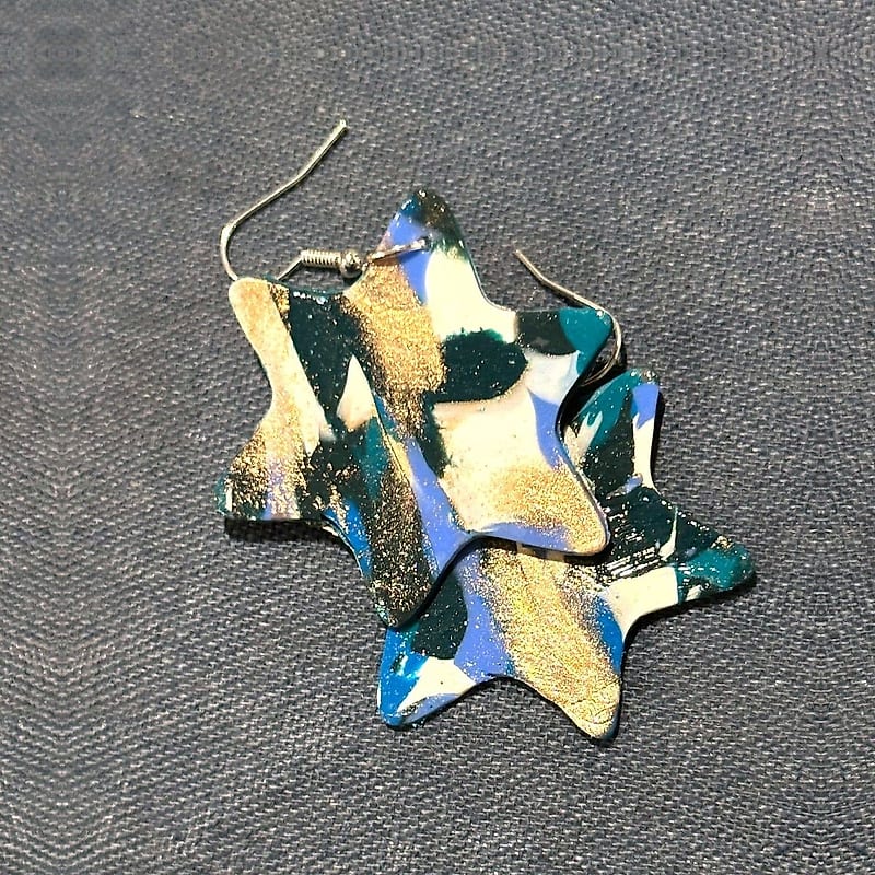 Handmade Blue, Teal, and Gold Star of David Earrings