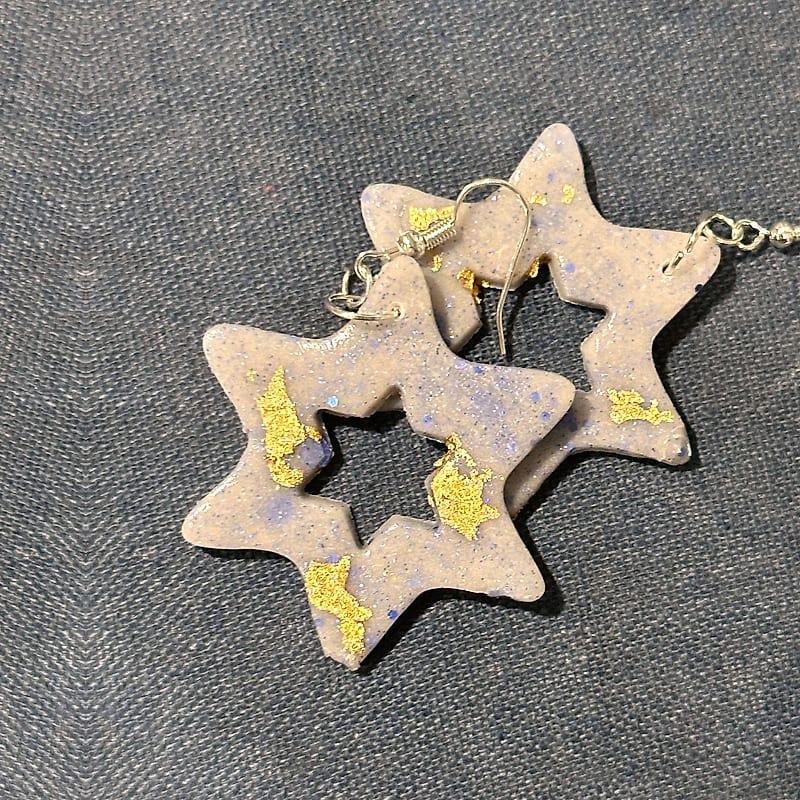 Handmade Gray and Gold Star of David Earrings