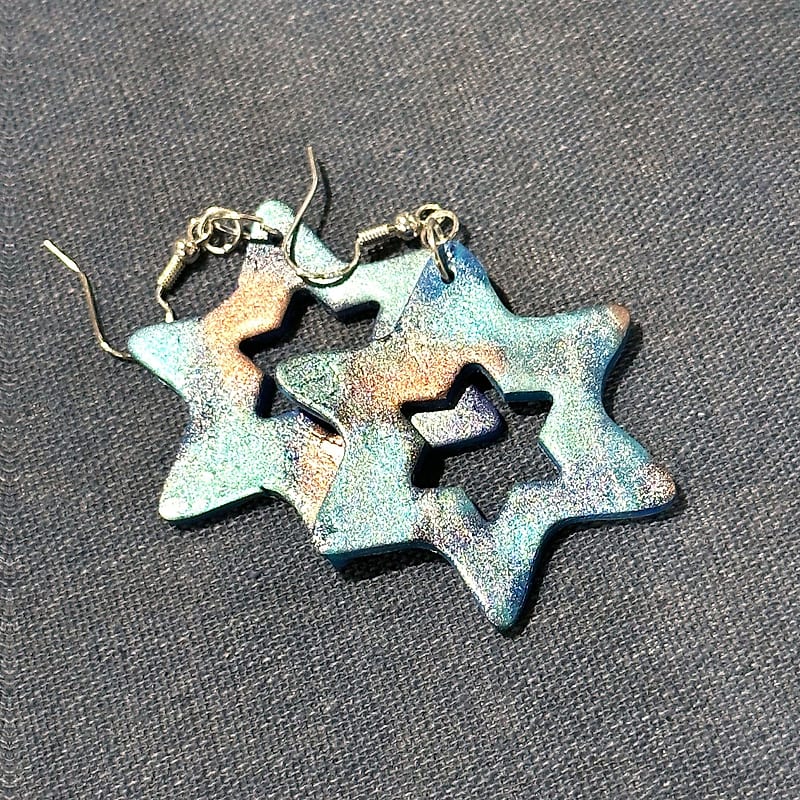 Handmade Iridescent Blue Star of David Earrings