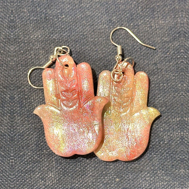 Handmade Iridescent Pink Hamsa Earrings
