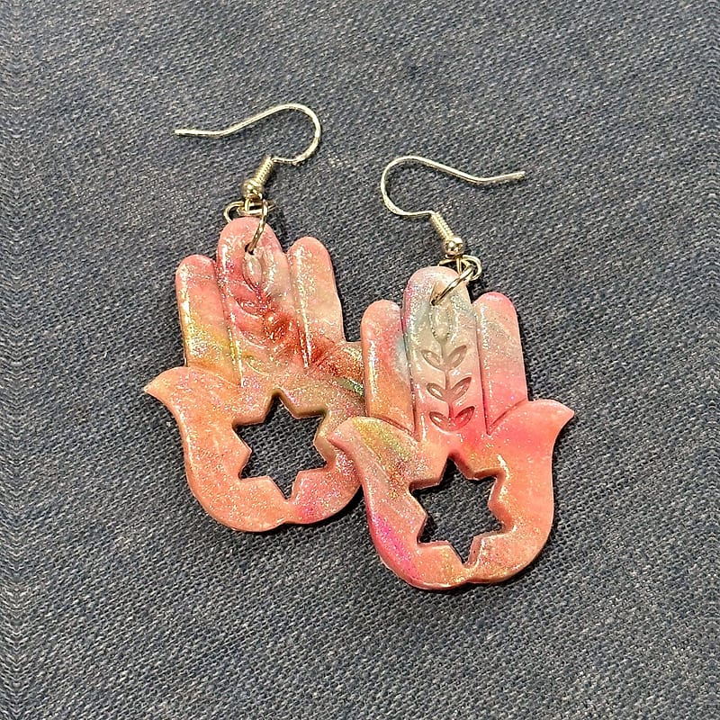 Handmade Peach Hamsa Star of David Earrings