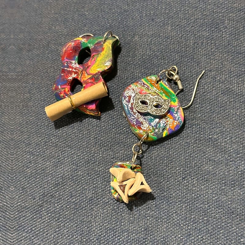 Handmade Purim Mask, Megillah & Hamantaschen Earrings