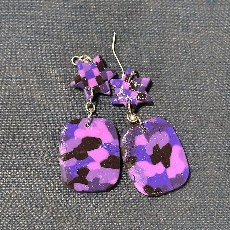 Handmade Purple Checker Star Dangle Earrings