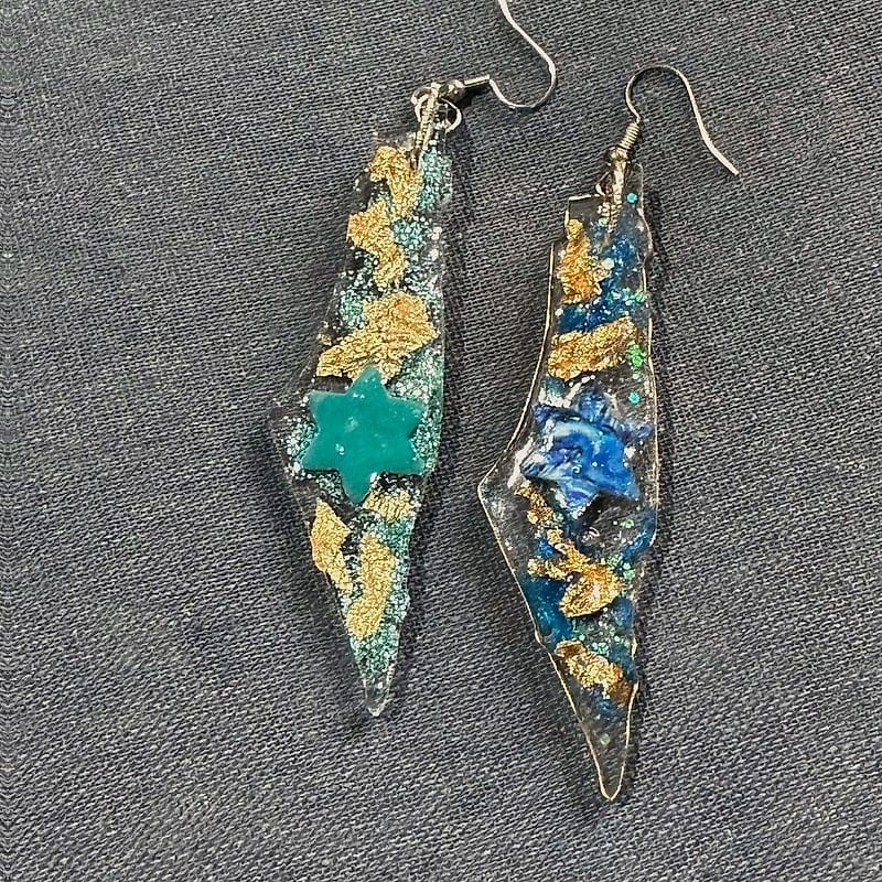 Israel Map Resin Earrings with Star of David, Blue Glitter & Gold Foil