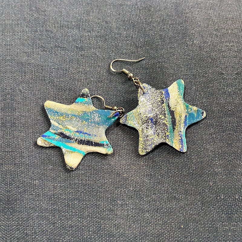 Large Star of David Earrings with Blue and Gold Stripes